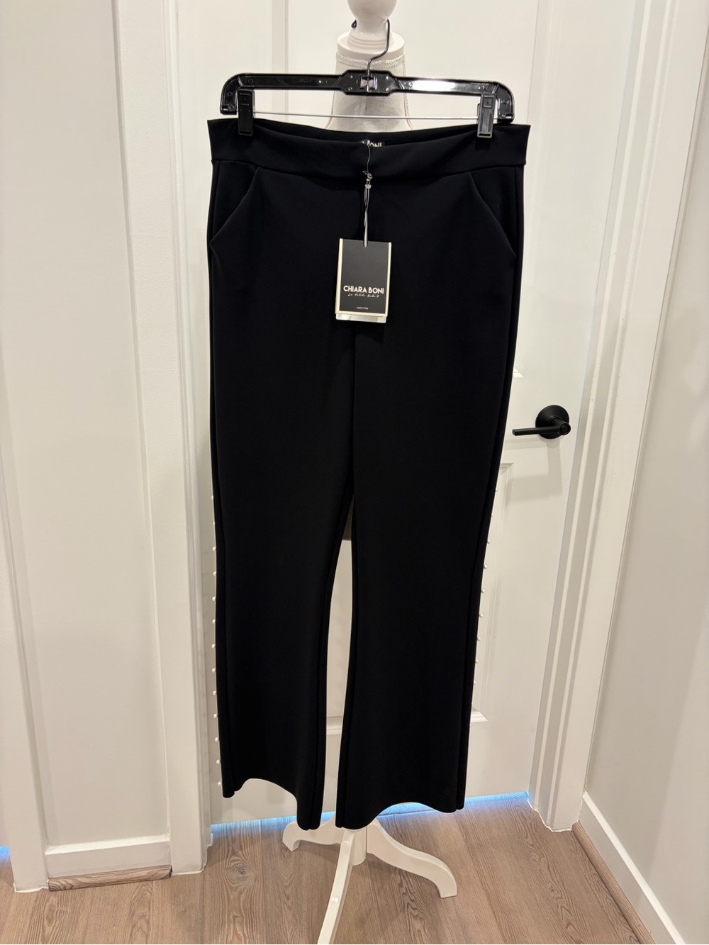 NWT Chiara Boni Tulay Pearl Black Trousers with pearl accents on leg sides.